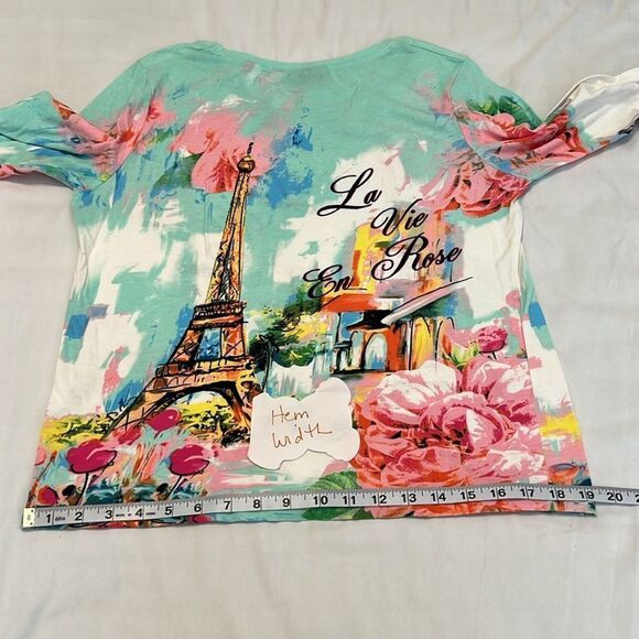 Onque casuals sz small 3/4 sleeve floral print Eiffel Tower embellished top EUC - Picture 12 of 13